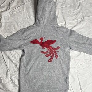H&M Long Heather Gray Hoodie with Red Bird Design